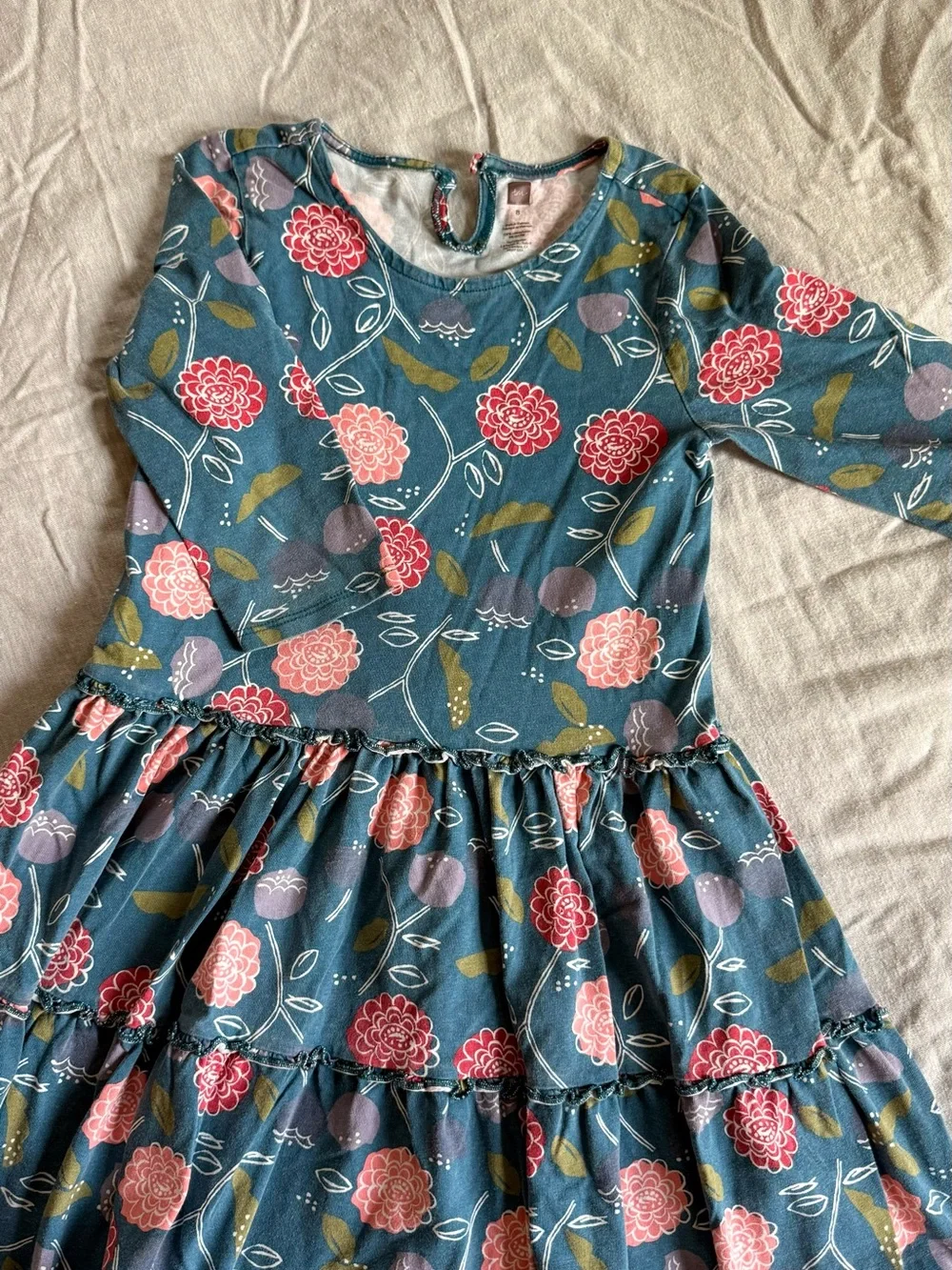 Tea Collection Teal Floral Tiered Dress with Pink Blooms